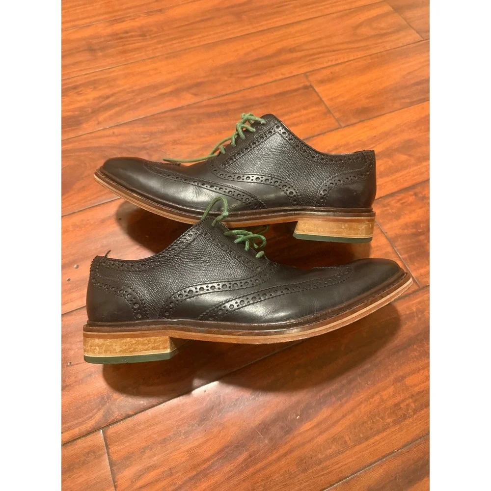 Cole Haan Mens Black Leather Wingtip Oxford Dress Shoes Green Laces  9.5 M